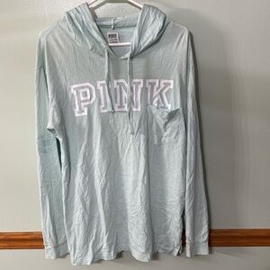 PINK front pocket hooded tshirt with embroidered sleeve. Size: small. Mint green